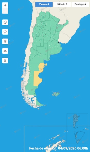 Mapa de Argentina teñido mayoritariamente de verde, con una franja amarilla en la Patagonia, controles laterales y fecha de emisión