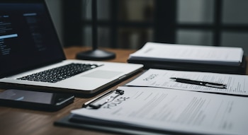 Una computadora portátil, un teléfono celular, un bolígrafo y documentos con la palabra Policía sobre un portapapeles en un escritorio de madera oscuro.