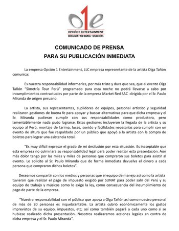 Comunicado oficial de Olga Tañón.