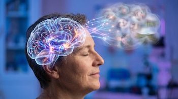Perfil de persona adulta con ojos cerrados e imagen de cerebro transparente sobre su cabeza mostrando rutas neuronales iluminadas y proyecciones de imágenes mentales.