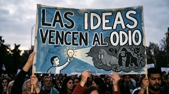 Pancarta azul sostenida por la multitud con la frase "LAS IDEAS VENCEN AL ODIO" y un dibujo de una bombilla, una morsa y un gorila.