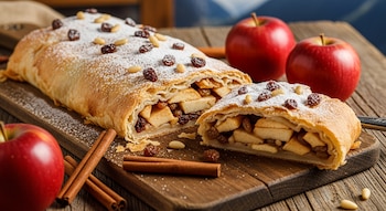 Strudel de manzana con porción cortada, relleno visible de manzana, pasas y piñones. Espolvoreado con azúcar glas sobre una tabla rústica con manzanas y canela.