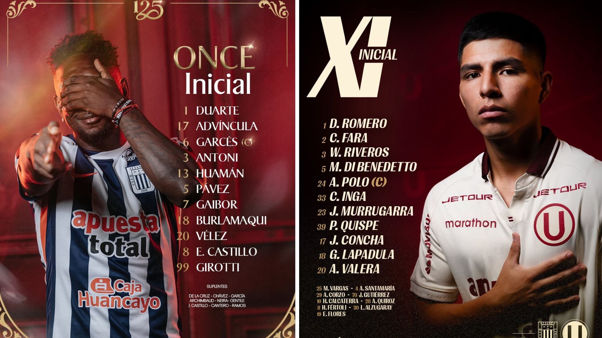 Alineaciones confirmadas en Alianza Lima vs Universitario por fecha 9 del Torneo Clausura de la Liga 1 2026. Crédito: RRSS clubes.
