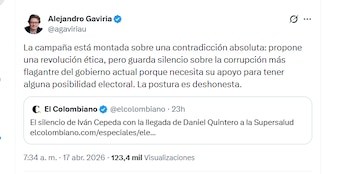 El exministro Alejandro Gaviria criticó la falta de declaraciones de Iván Cepeda frente al nombramiento de Daniel Quintero como superintendente de Salud - crédito @agaviriau/X