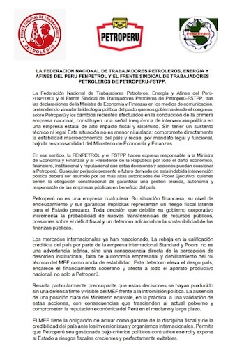 Sindicatos petroleros de FENPETROL y