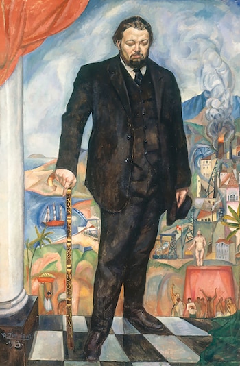 Pintura de cuerpo entero de un hombre barbudo con traje oscuro, bastón y sombrero, sobre suelo de cuadros, con un fondo paisajístico fragmentado y figuras abstractas
