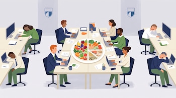 Ilustración de personas trabajando en escritorios alrededor de una bandeja con frutas y verduras junto a otros empleados recostados.