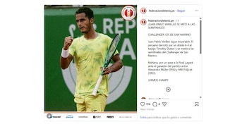 Federación Peruana de Tenis destacó clasificación de Juan Pablo Varillas a semifinales del Challenger 125 de San Marino 2026.