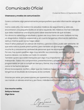 Comunicado de la comediante Olga Sana (Instagram/@olgasanaoficial)