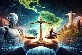 Manos sostienen una balanza con un cerebro luminoso y un mazo sobre libros. Fondo: robot humanoide, mapa de América y monumentos globales con circuitos