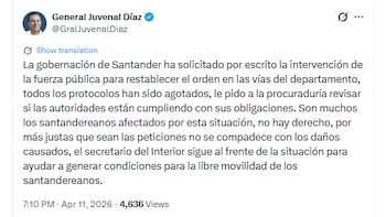 El gobernador pidió ayuda a la fuerza pública y a la Procuraduría - crédito @GralJuvenalDiaz/X
