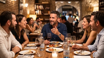 Un hombre en el centro de una mesa habla con otras cuatro personas frente a platos con comida y copas de vino en un restaurante.