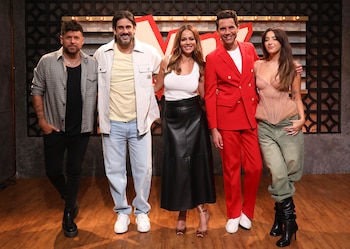 Pablo López, Melendi, Eva González, Mika y Lola Índigo en la presentación de la 13 temporada de 'La Voz'. (Atresmedia)