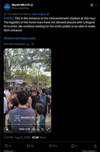 Este fue el momento cuando la página partidaria denunció los hechos en la entrada del estadio Cincuentenario-crédito @MundoMillos/X