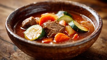Caldo casero servido con carne de res, rodajas de zanahoria y calabacitas, acompañado de vapor visible y fondo cálido. – (Imagen Ilustrativa Infobae)