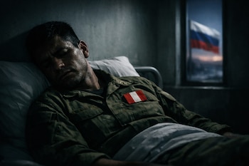 Hombre con uniforme militar verde oliva y bandera peruana en el pecho descansa en cama de hospital. Se ve una bandera rusa ondeando por la ventana.