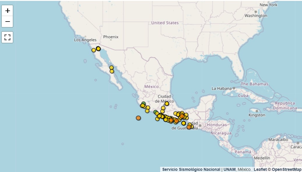 Los movimientos ocurren entre la medianoche y las 4:00 de la mañana, con magnitudes de 2.8 a 4.3, y se concentran en el sur y suroeste del país, principalmente en Oaxaca y Guerrero