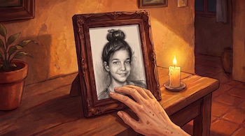 Mano anciana que toca un retrato enmarcado de una mujer joven sobre una mesa de madera con una vela encendida y una planta en maceta.