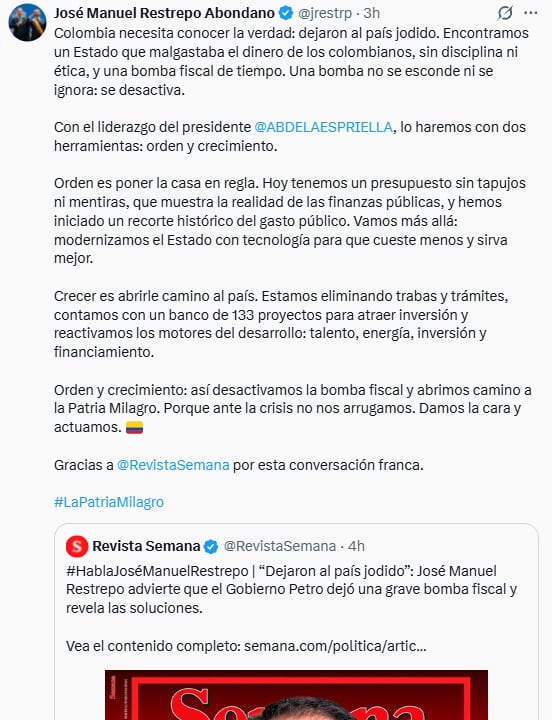 El vicepresidente señaló que el Gobierno nacional quiere poner orden a las finanzas del país - crédito @jrestrp/X