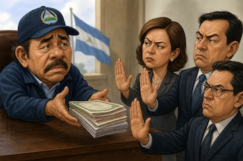 Caricatura de Daniel Ortega ofreciendo un fajo de certificados a tres personas con traje que extienden las manos en señal de rechazo.