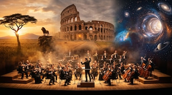 Una orquesta tocando en un escenario iluminado bajo montajes del Coliseo de Roma, una sabana con un león y el espacio exterior.