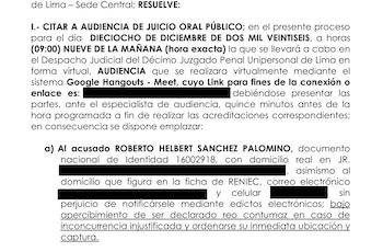 Juzgado Penal Unipersonal de Lima cita a juicio oral público al acusado Roberto Helbert Sánchez Palomino para el 18 de diciembre de 2026.