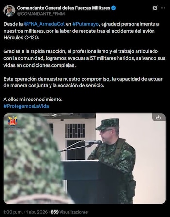 El general López Barreto visita la base de la Fuerza Naval de la Amazonía tras accidente aéreo - crédito @COMANDANTE_FFMM / X