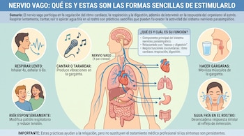 Diagrama del nervio vago en un cuerpo humano. Viñetas: respiración lenta, canto, gárgaras, risa, aplicación de agua fría en el rostro.