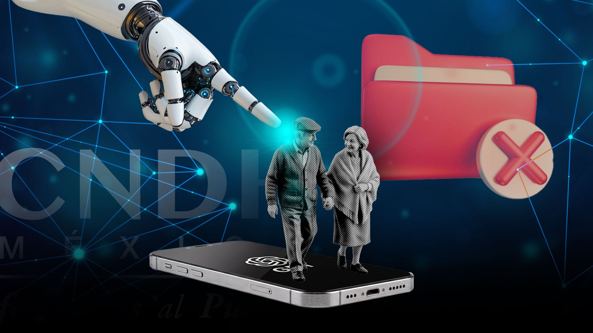 Una composición digital ilustra las barreras tecnológicas que enfrentan los adultos mayores ante el avance de la inteligencia artificial. (Jovani Pérez )