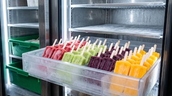 Paletas de hielo de colores rojo, verde, morado y amarillo ordenadas en un cajón transparente dentro de un congelador.