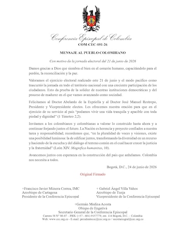 La Conferencia Episcopal destacó la participación ciudadana y pidió fortalecer el diálogo y la reconciliación tras la jornada electoral. - crédito Conferencia Episcopal de Colombia