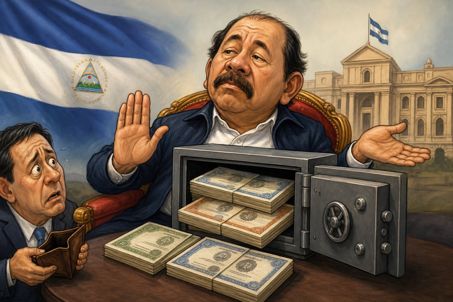 Daniel Ortega gesticula junto a una caja fuerte con fajos de billetes frente a un hombre con la billetera vacía, en alusión al pago de la deuda en Nicaragua. (Imagen Ilustrativa Infobae)