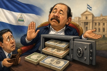 Caricatura de Daniel Ortega junto a una caja fuerte abierta con dinero, un hombre con una billetera vacía, la bandera de Nicaragua y un edificio.