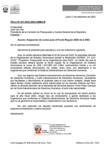 Oficio enviado por el legislador