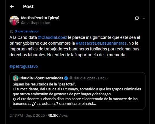 Martha Peralta contestó a las criticas de Claudia López - crédito @marthaperaltae