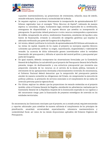 La discusión incorpora alertas del Banco de la República, la regla fiscal y la Contraloría - crédito Centro Democrático
