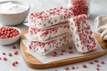 Cuatro barras blancas con granos rojos apiladas sobre papel vegetal en una tabla de madera, junto a recipientes con yogur y cereales.