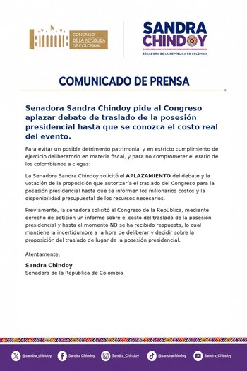 La petición de Sandra Chindoy exige que el Congreso no vote el traslado del acto presidencial sin conocer los costos totales y la disponibilidad presupuestal - crédito prensa Sandra Chindoy