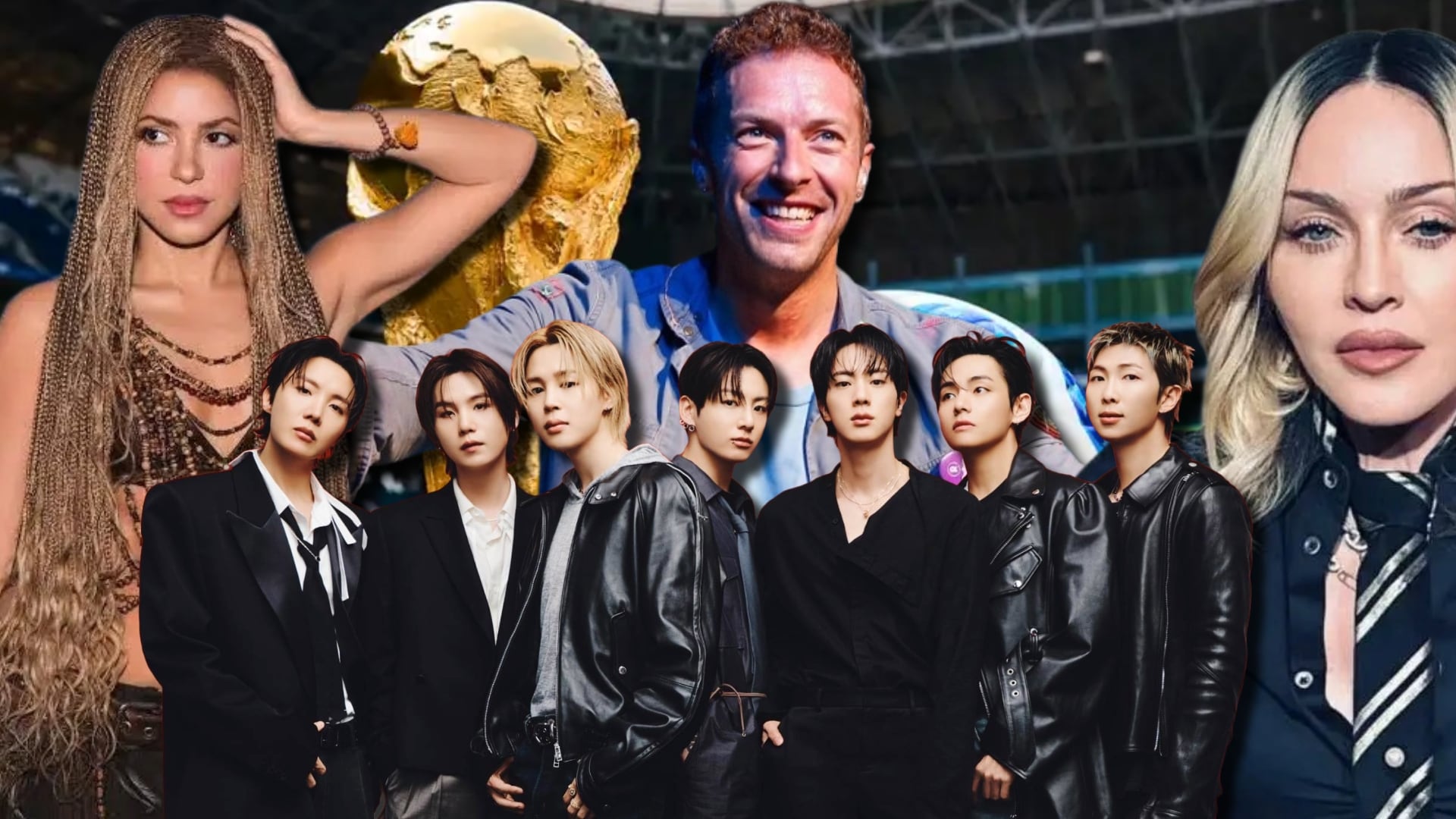 Coldplay reunirá a Madonna, Shakira y BTS en el primer show de medio tiempo de la final del Mundial 2026. Composición Infobae Perú