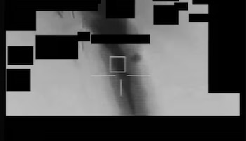 Imagen en blanco y negro con efecto térmico o de baja resolución, mostrando una forma oscura difuminada central con una mira cuadrada y cruces blancas, y bloques negros de pixeles corruptos