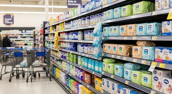 Vista de un pasillo de supermercado con estantes llenos de productos para bebés y secciones parcialmente vacías de toallitas húmedas. Carritos de compras se ven en el fondo.