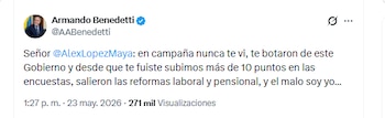El ministro del Interior, Armando Benedetti, hizo críticas contra Alexander López - crédito @AABenedetti/X