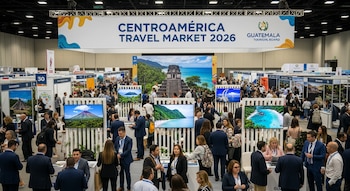 Salón de exposición con personas y estands. Un cartel grande anuncia Centroamérica Travel Market 2026. Pantallas muestran paisajes y sitios turísticos.
