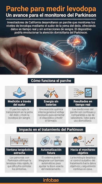 Infografía muestra una mano con un parche translúcido en el dedo, cerebro y gráfico de datos, junto a paneles explicativos sobre el monitoreo de levodopa.
