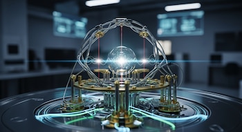 Primer plano de un sensor cuántico con una esfera central brillante, rodeada de intrincadas estructuras metálicas, cables y haces de luz en un laboratorio futurista.