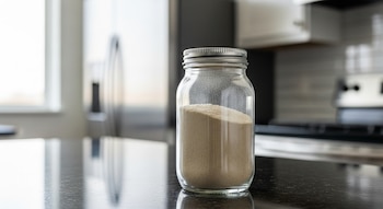 Un frasco de vidrio transparente con tapa metálica contiene polvo de ajo. Se encuentra sobre una encimera oscura en una cocina, con una ventana al fondo.