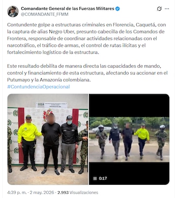 Declaraciones del general Hugo López, alto mando militar de Colombia, sobre la detención de alias Negro Uber - crédito @COMANDANTE_FFMM/X
