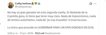Catherine Juvinao aseguró que el presidente electo de Colombia no puede recurrir a las imposiciones - crédito @CathyJuvinao/X