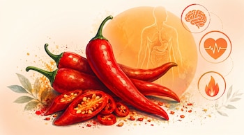 Pimientos chiles rojos enteros y rebanados, semillas, hojas verdes, silueta humana con órganos internos, iconos de cerebro, corazón y llama.