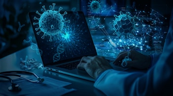 Primer plano de manos escribiendo en un portátil con proyecciones holográficas de virus, cadenas de ADN y gráficos de red en la pantalla, junto a un estetoscopio.